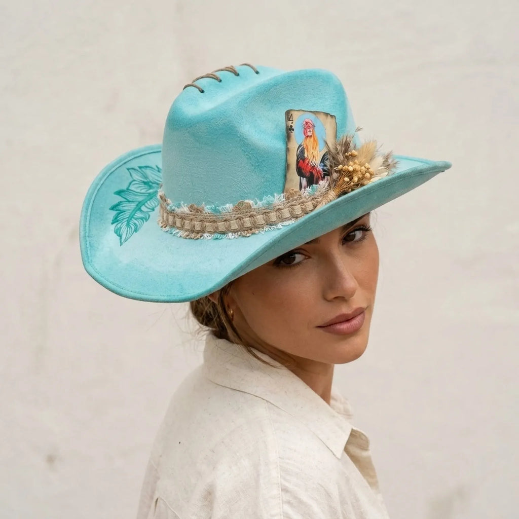 Boho Teal Western Hat with Rooster Card and Dried Flowers