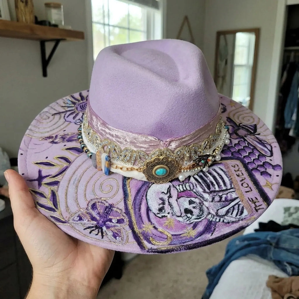 Lavender Felt Fedora with Tarot Lovers Card Rhinestone Concho