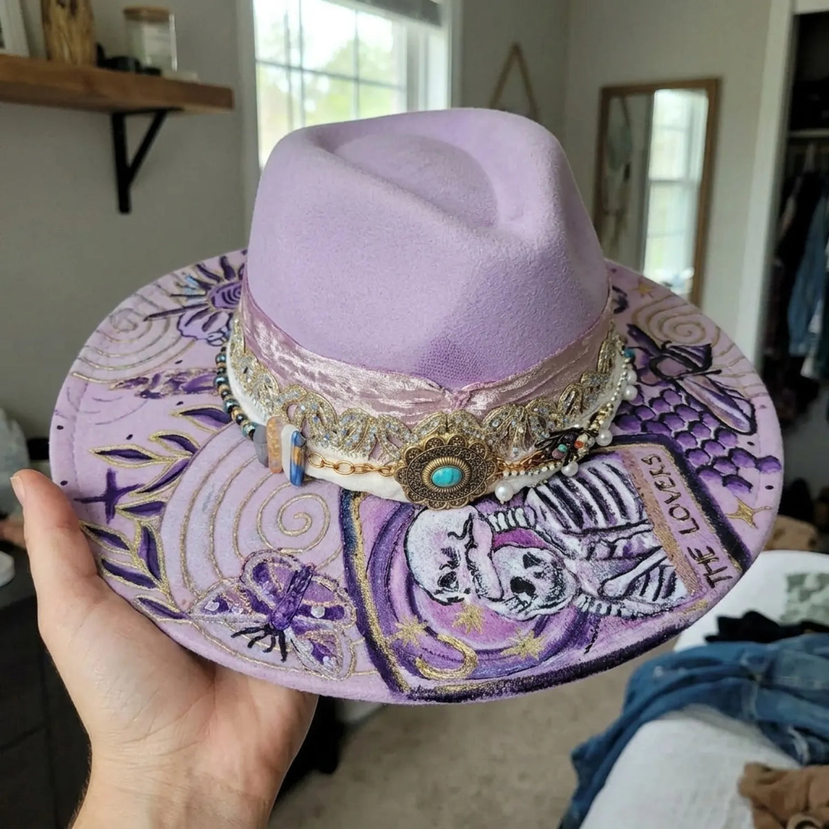 Lavender Felt Fedora with Tarot Lovers Card Rhinestone Concho