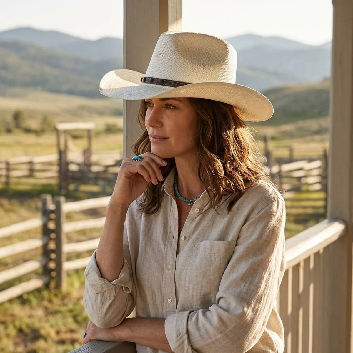 Unisex White Straw Cowboy Hat with Studded Leather Band Detail