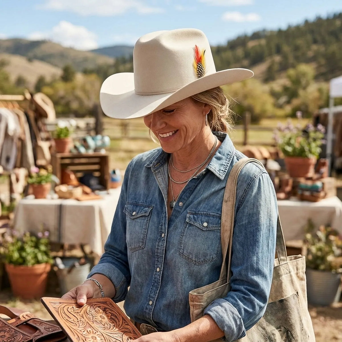 Cream Wool Felt Cowboy Hat with Feather Accent and Upturned Brim