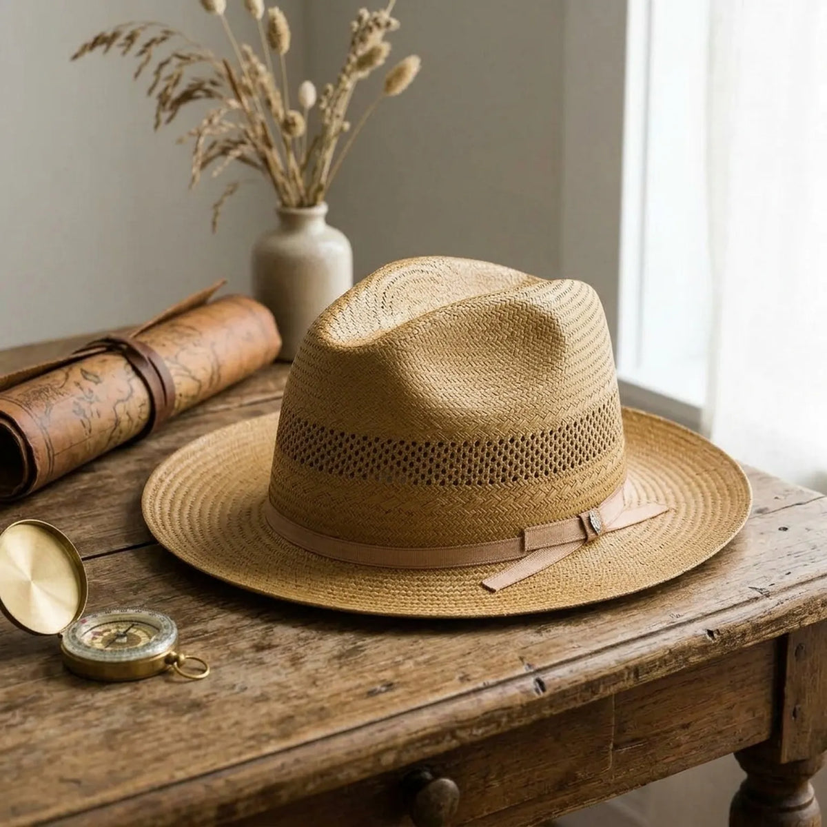 Honey Tan Straw Fedora Hat with Open Weave Ventilation Band