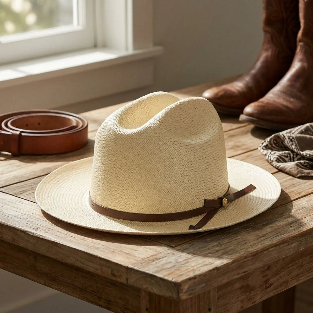 Natural Straw Fedora Hat with Brown Leather Tie Band, Sun Ready