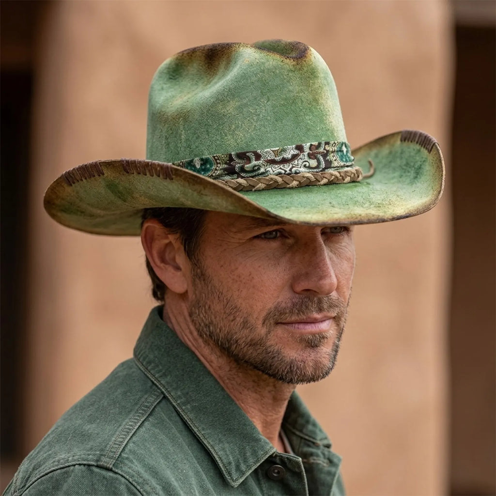 Green Distressed Cowboy Hat Paisley Band Braided Leather Western