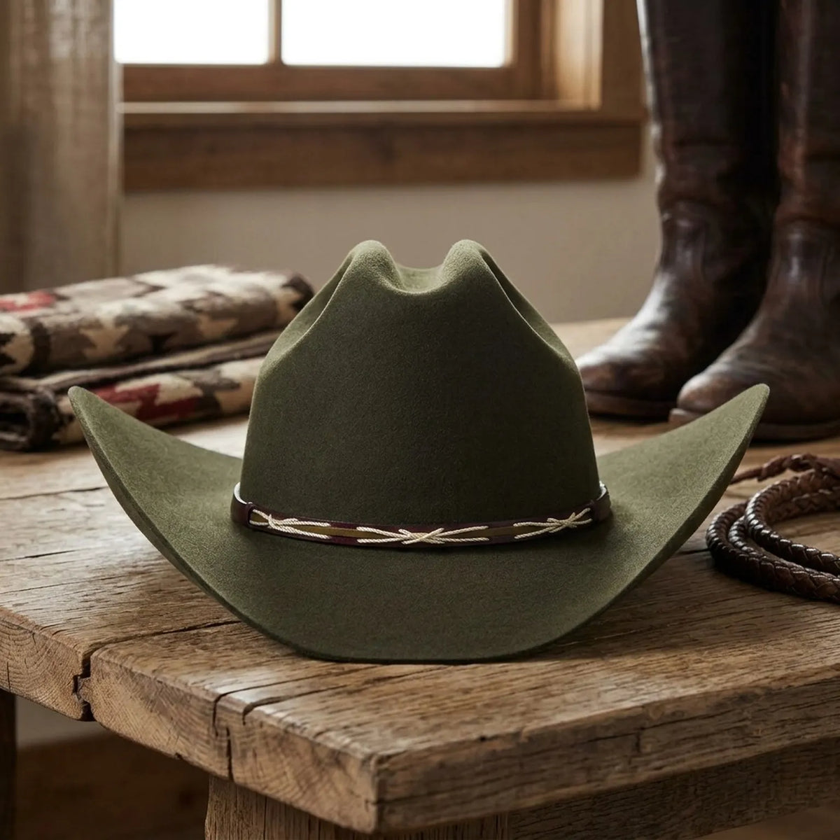 Olive Wool Felt Western Hat with Braided Leather Band Detail