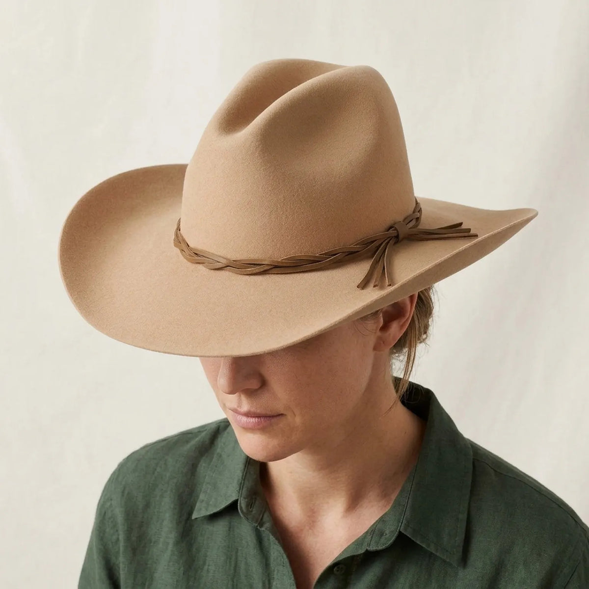 Tan Wool Felt Cowboy Hat with Braided Leather Tassel Band