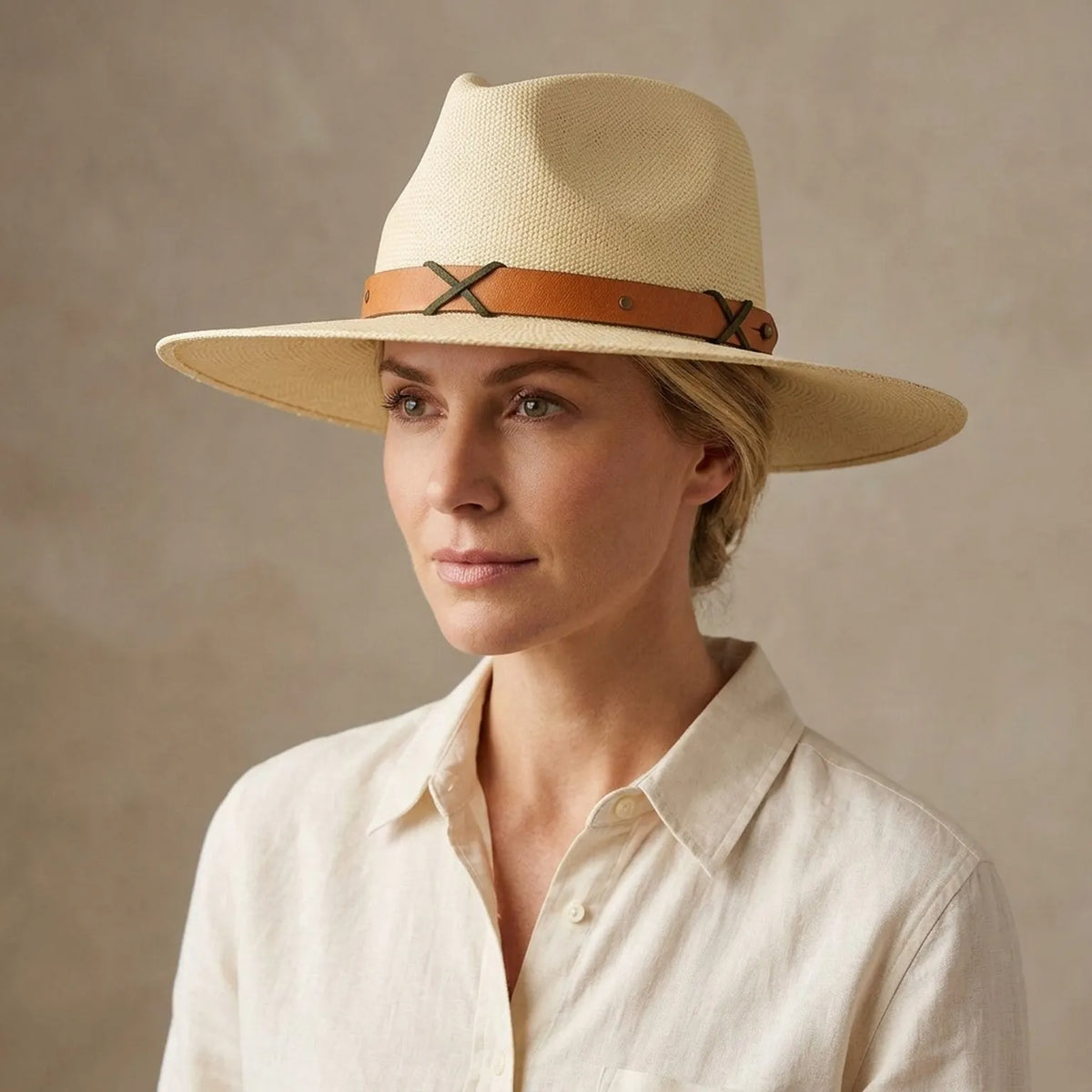 Natural Raffia Sun Hat with Leather Band and Cross Detail