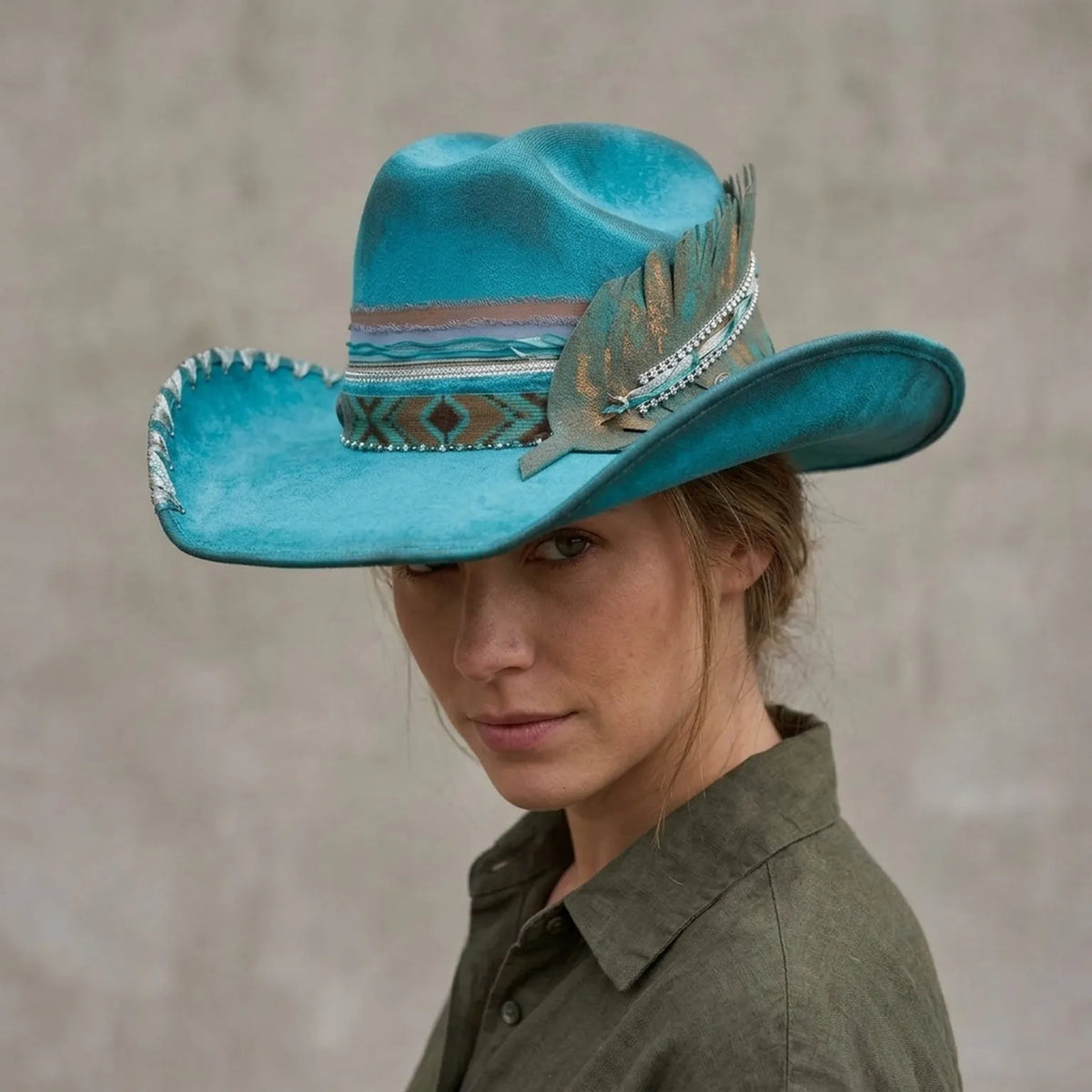 Turquoise Felt Western Hat with Leather Leaf and Aztec Band