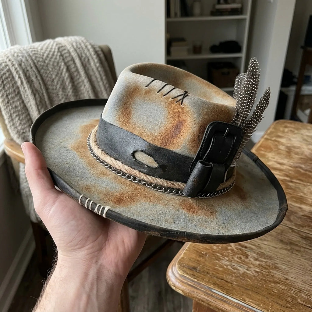 Aged Beige Fedora with Leather Buckle Band and Chain Trim
