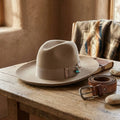 Camel Wool Felt Fedora with Grosgrain Band and Feather Bead Trim