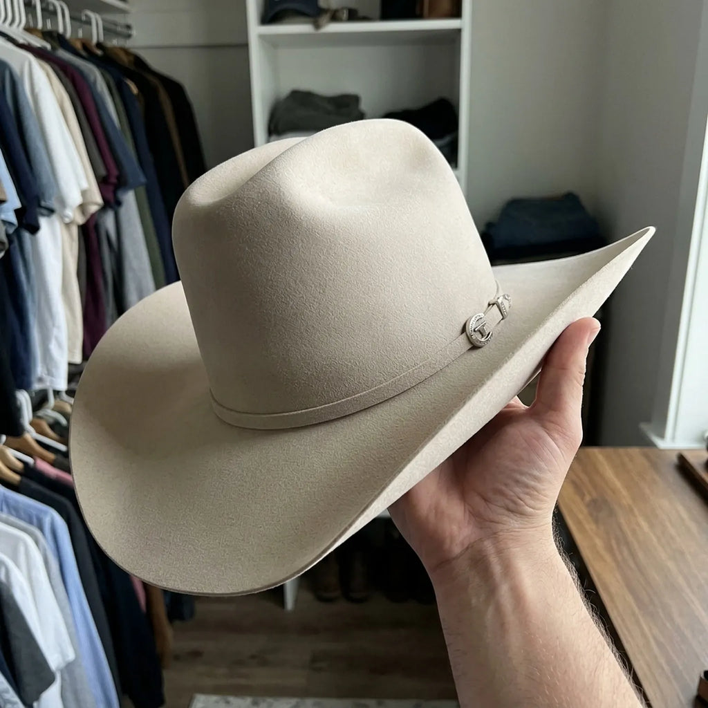 Unisex Cream Wool Felt Cowboy Hat with Leather Band