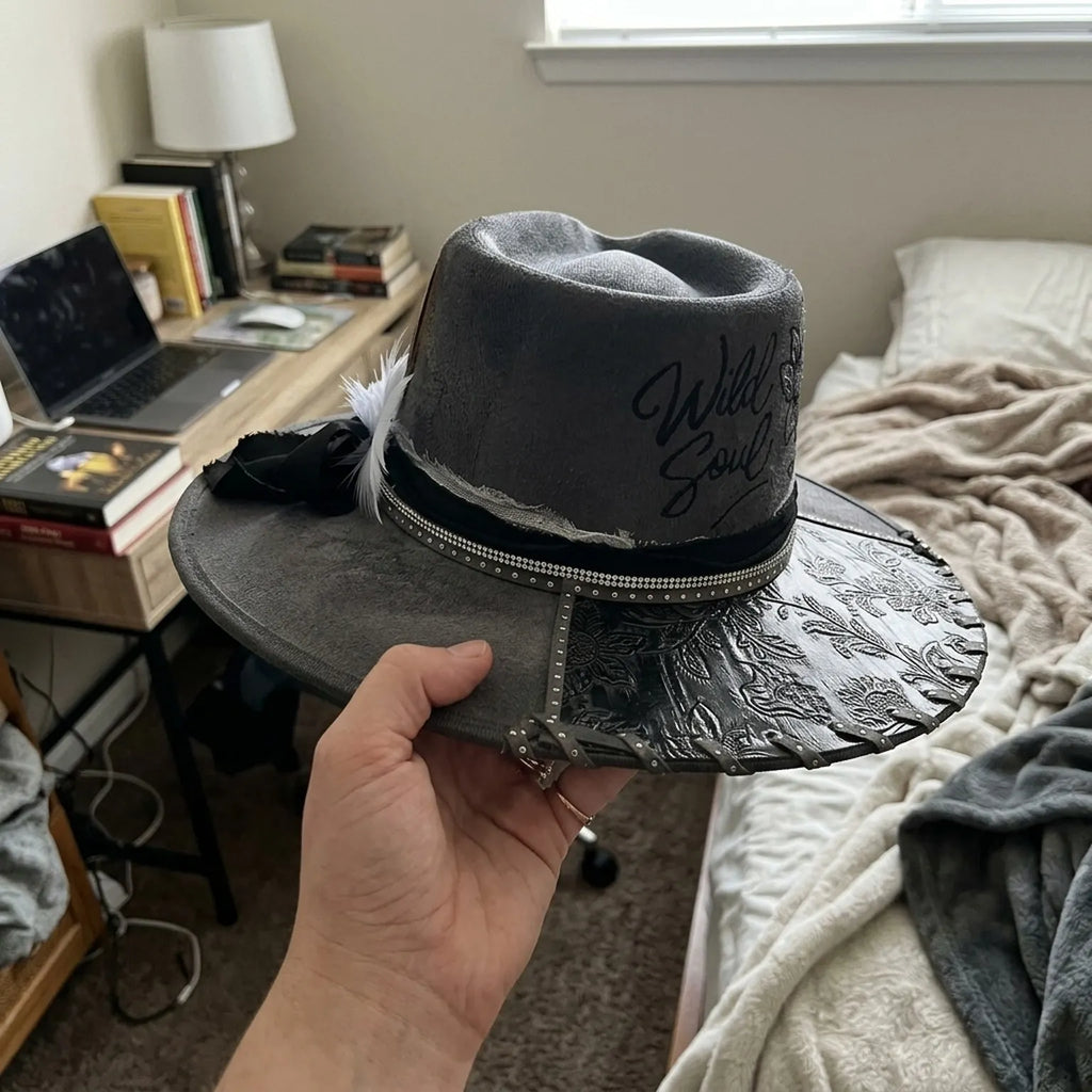 Gray Flocked Fedora Hat with Wild Soul Embroidery and Feather