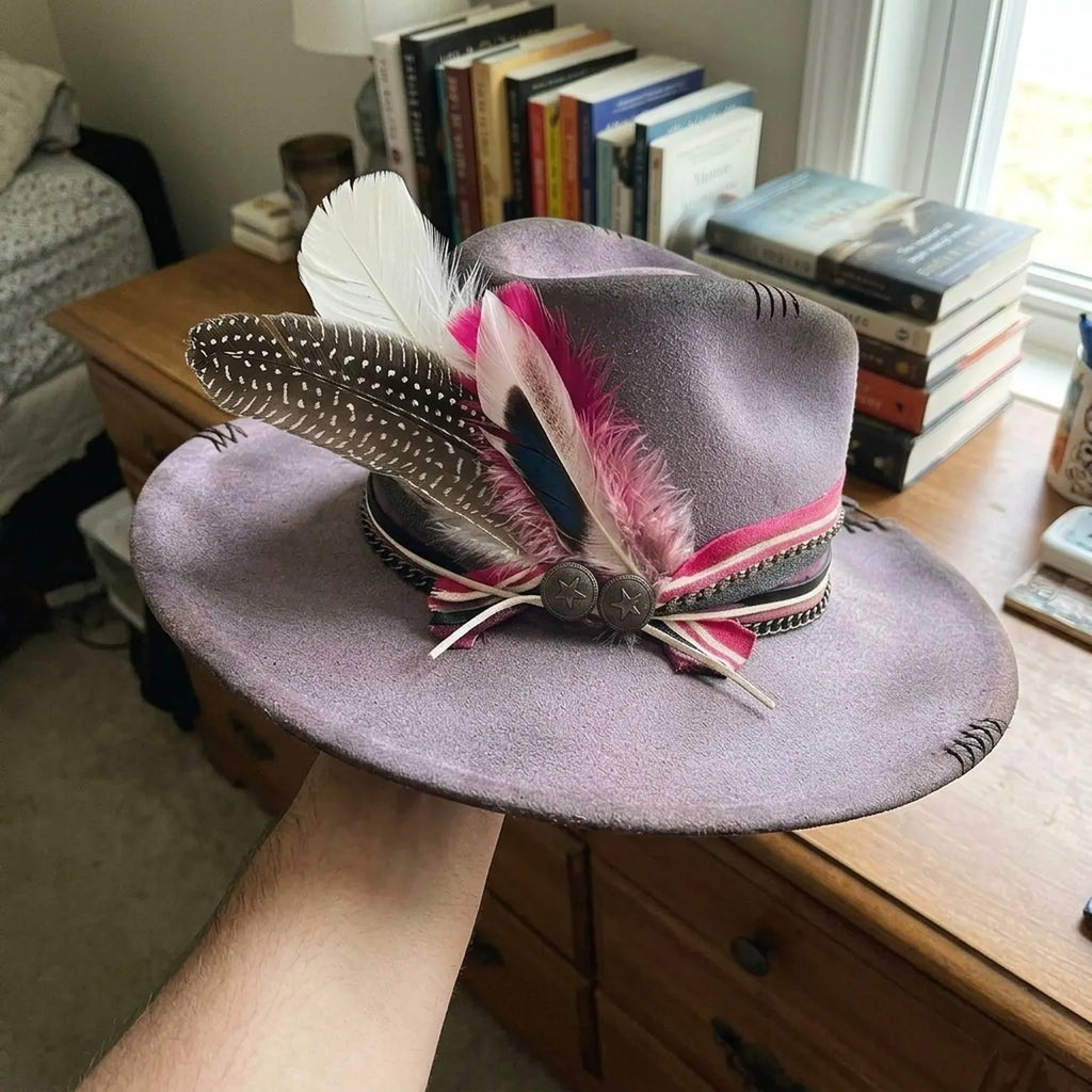 Mauve Felt Fedora Hat with Pink Feather and Chain Detail