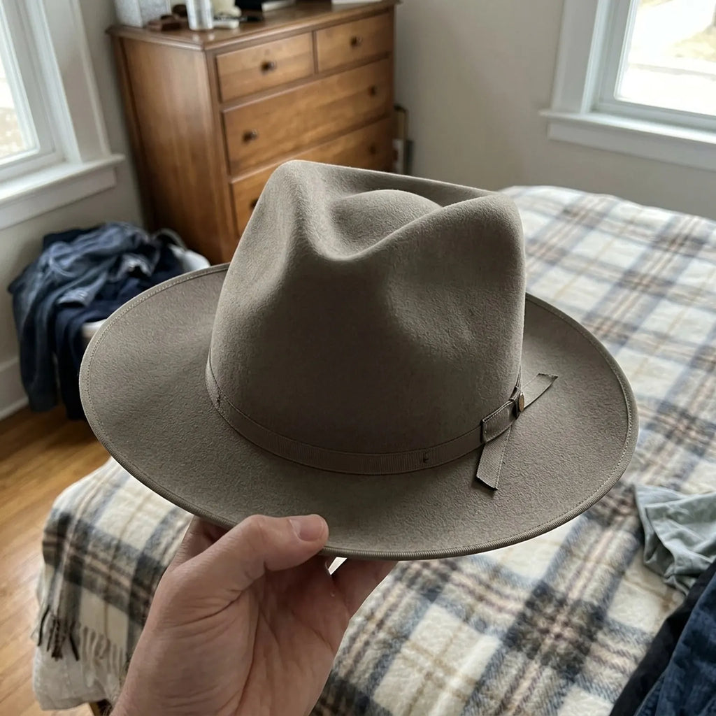 Sage Green Fedora With Wide Flat Brim and Ribbon Trim