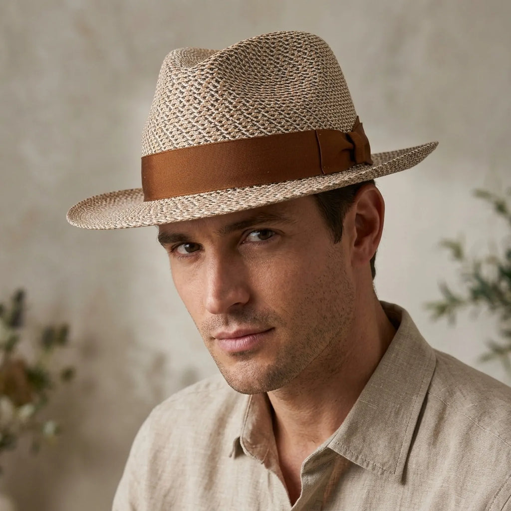 Woven Two-Tone Patterned Straw Fedora with Brown Band