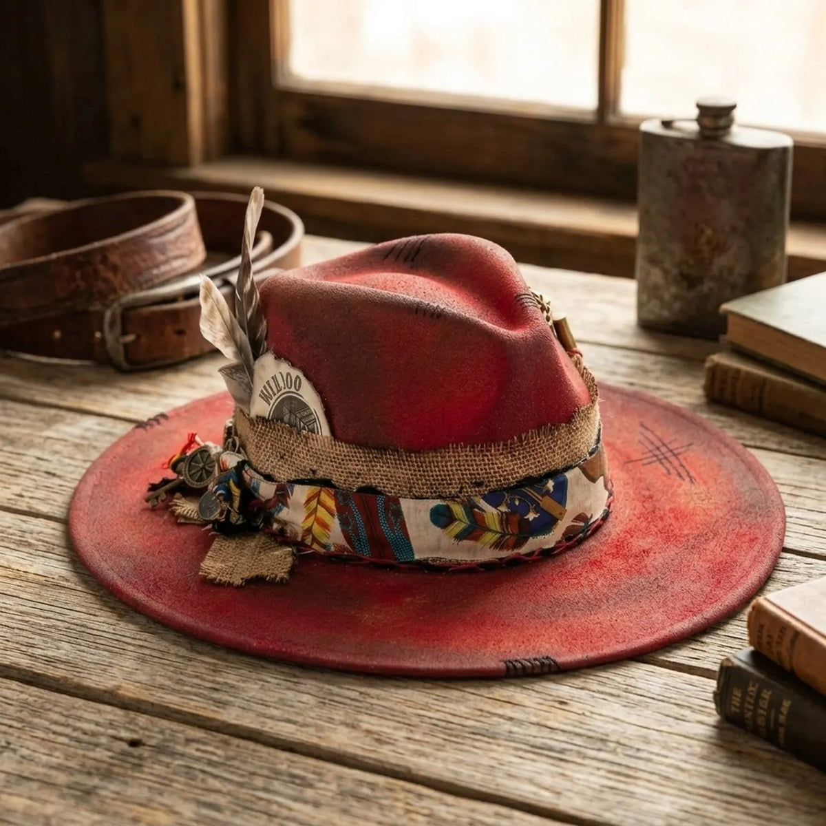 Boho Red Fedora with WILDROO Badge and Charm Details