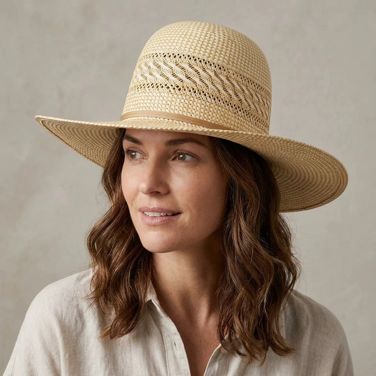 Tan Straw Sun Hat with Ventilated Crown and Grosgrain Band