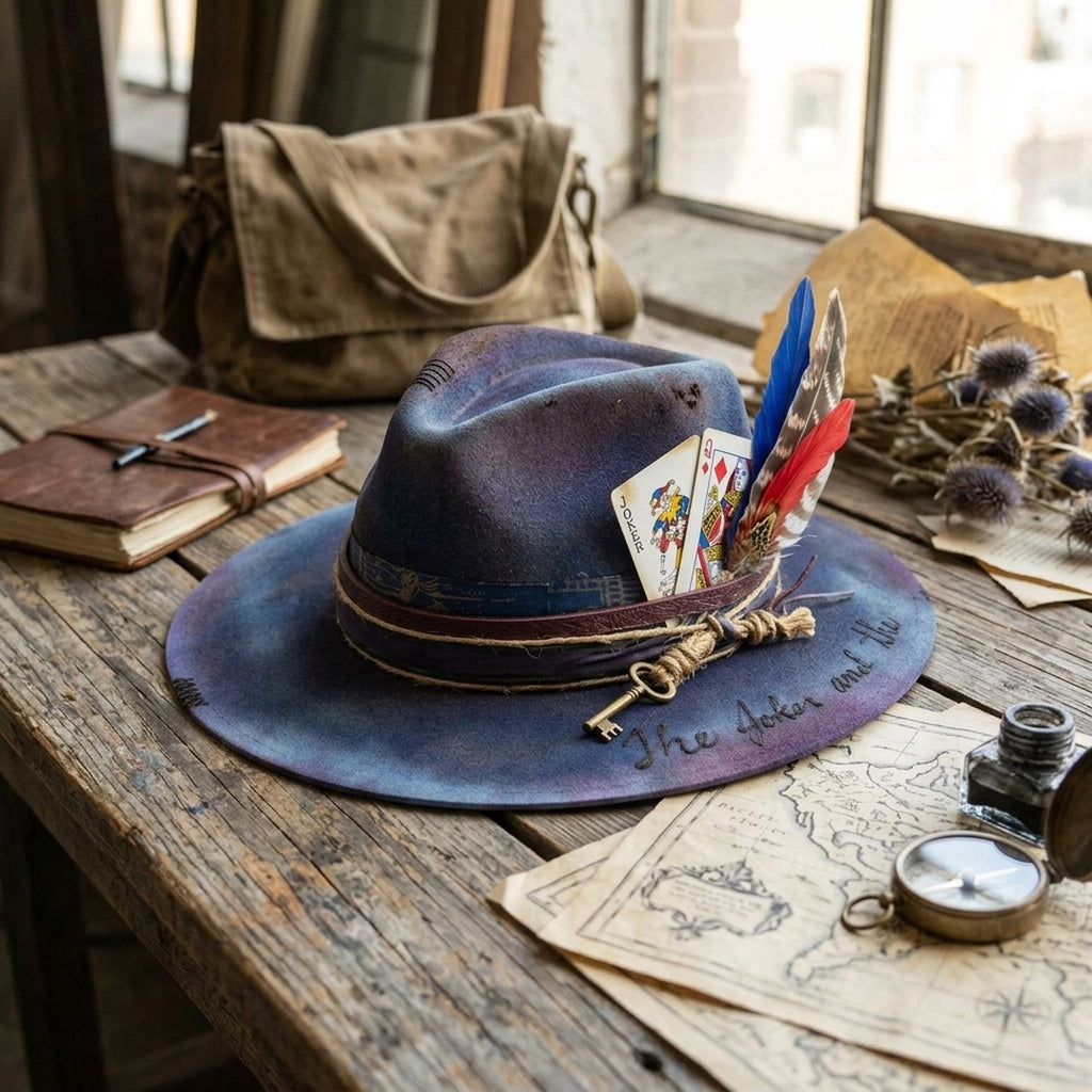 Blue Purple Gradient Fedora with Playing Cards Key Charm Feathers