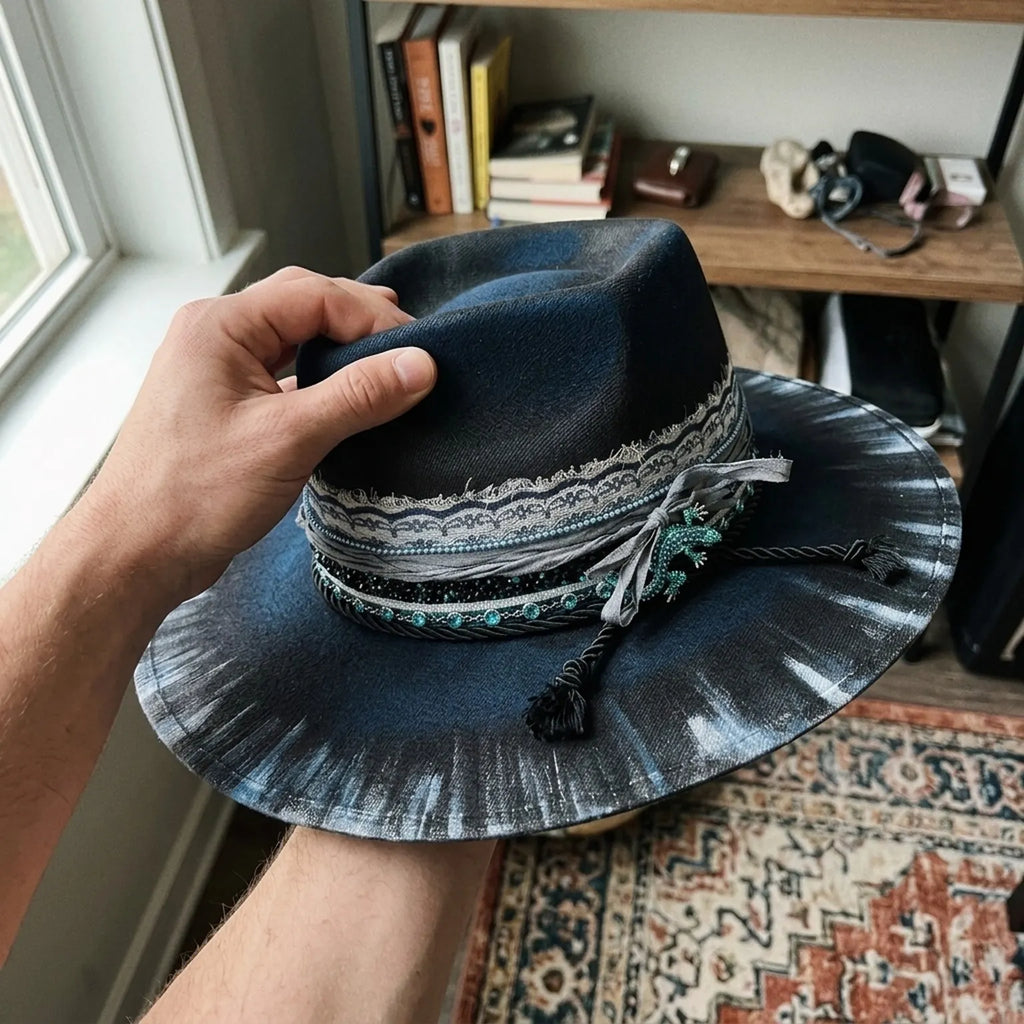 Black Felt Fedora with Tie-Dye Brim Lizard Charm Beaded Trim