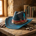 Teal Wide-Brim Western Hat with Matchstick and Feather Details