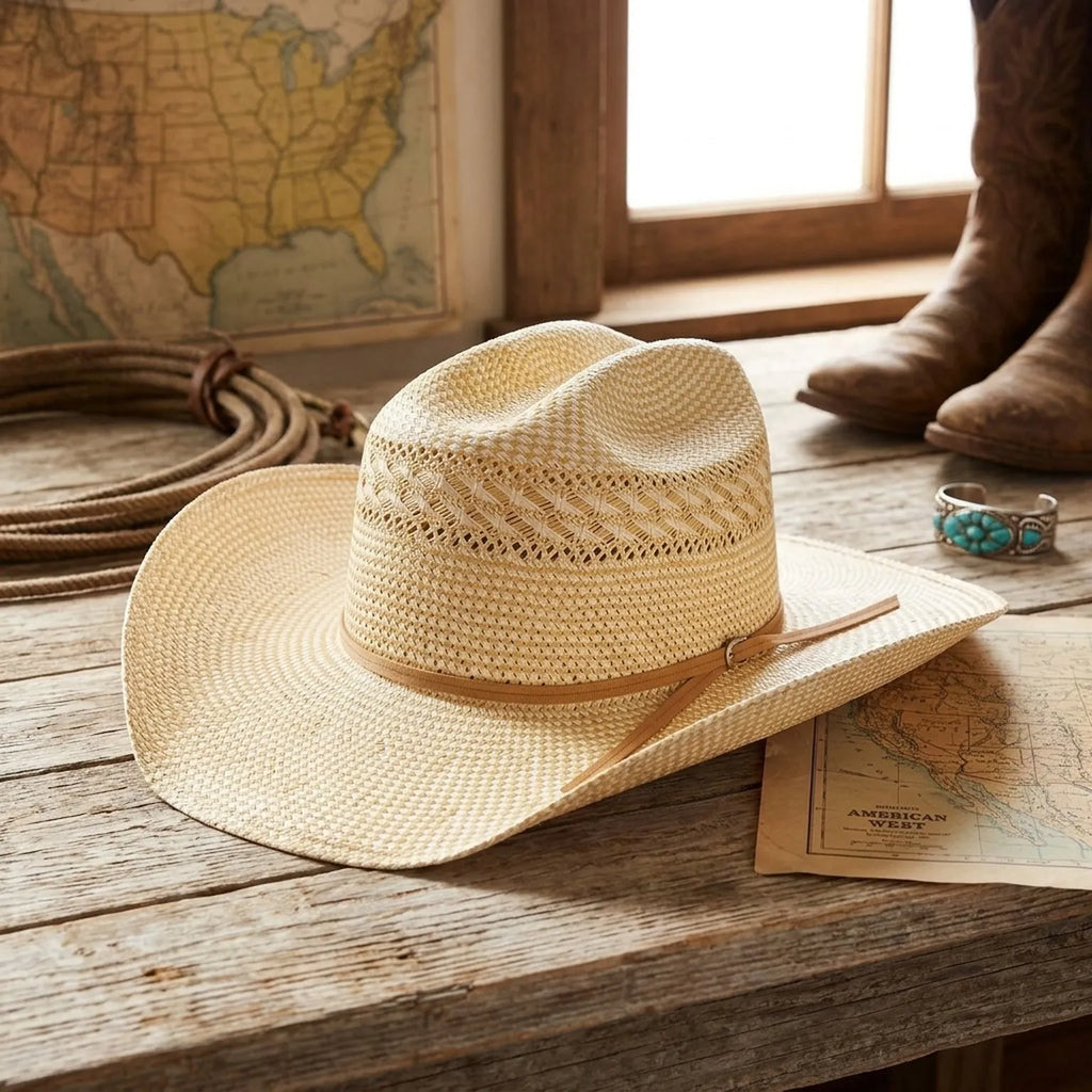 Unisex Open Weave Western Straw Hat with Leather Band Sun