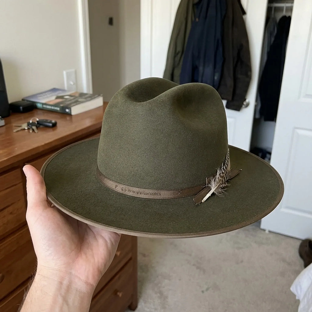 Distressed Olive Felt Fedora with Feather and Bone Accent