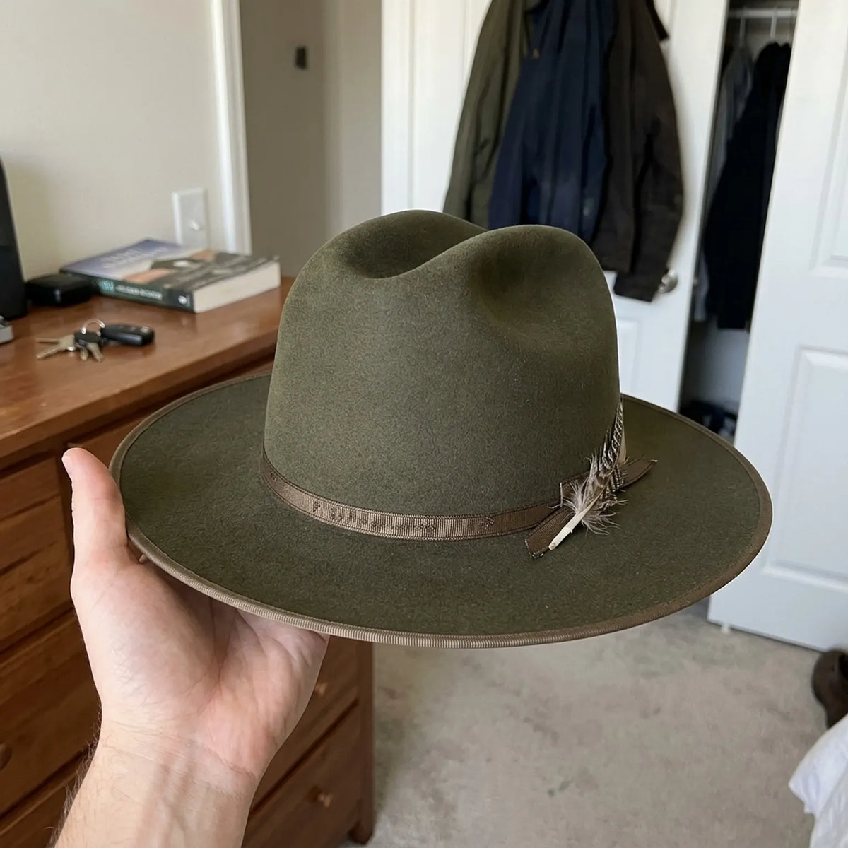 Distressed Olive Felt Fedora with Feather and Bone Accent