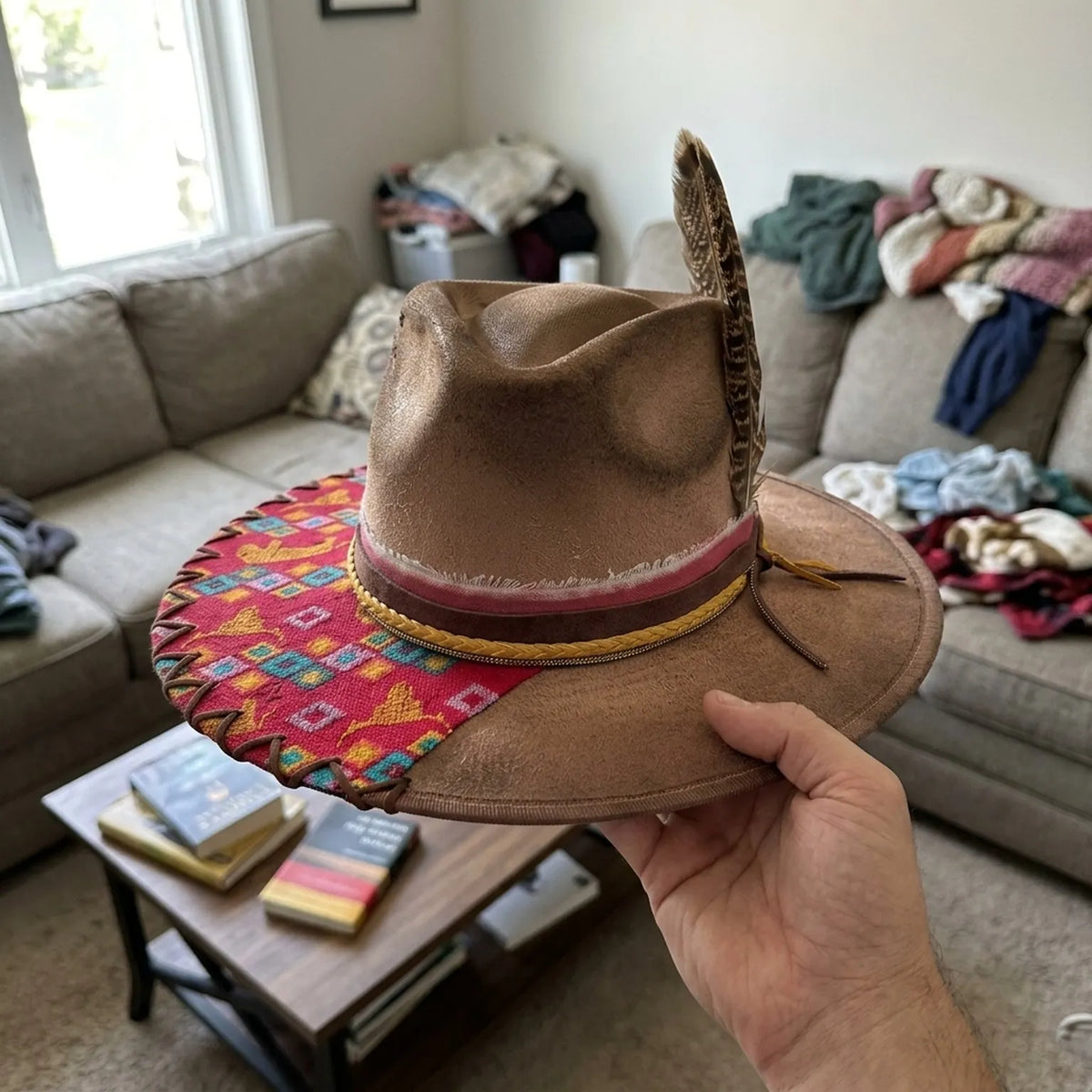 Festival Brown Fedora with Woven Patch and Feather Trim