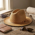 Golden Tan Herringbone Straw Fedora with Ribbon Bow Band