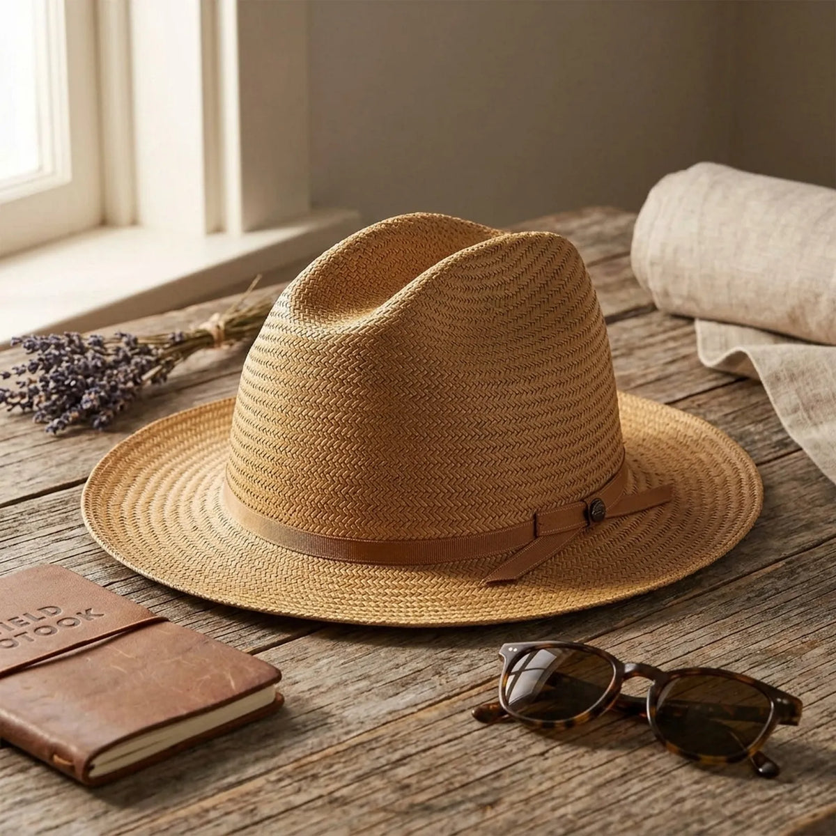 Golden Tan Herringbone Straw Fedora with Ribbon Bow Band