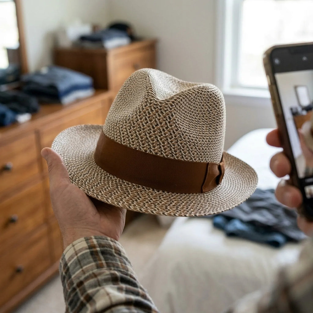 Woven Two-Tone Patterned Straw Fedora with Brown Band