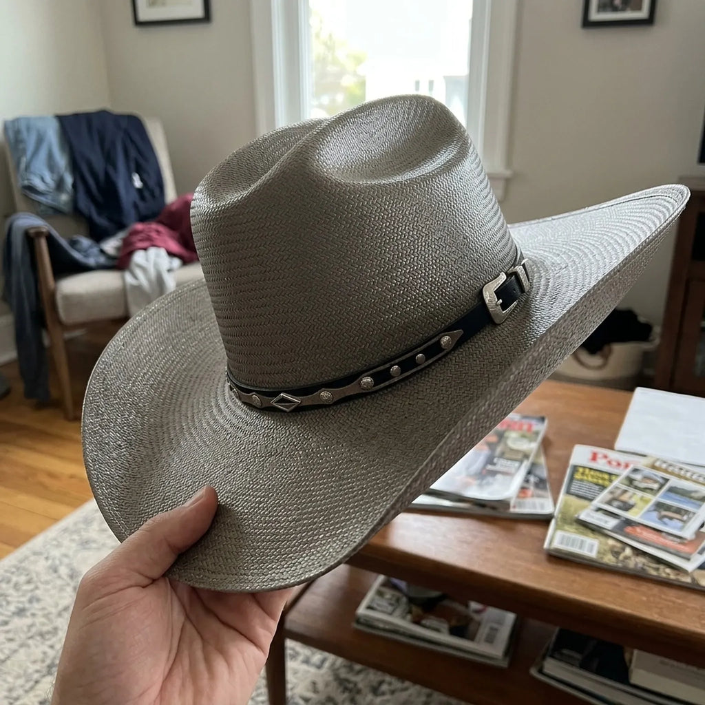 Silver Grey Straw Western Hat with Studded Decorative Band