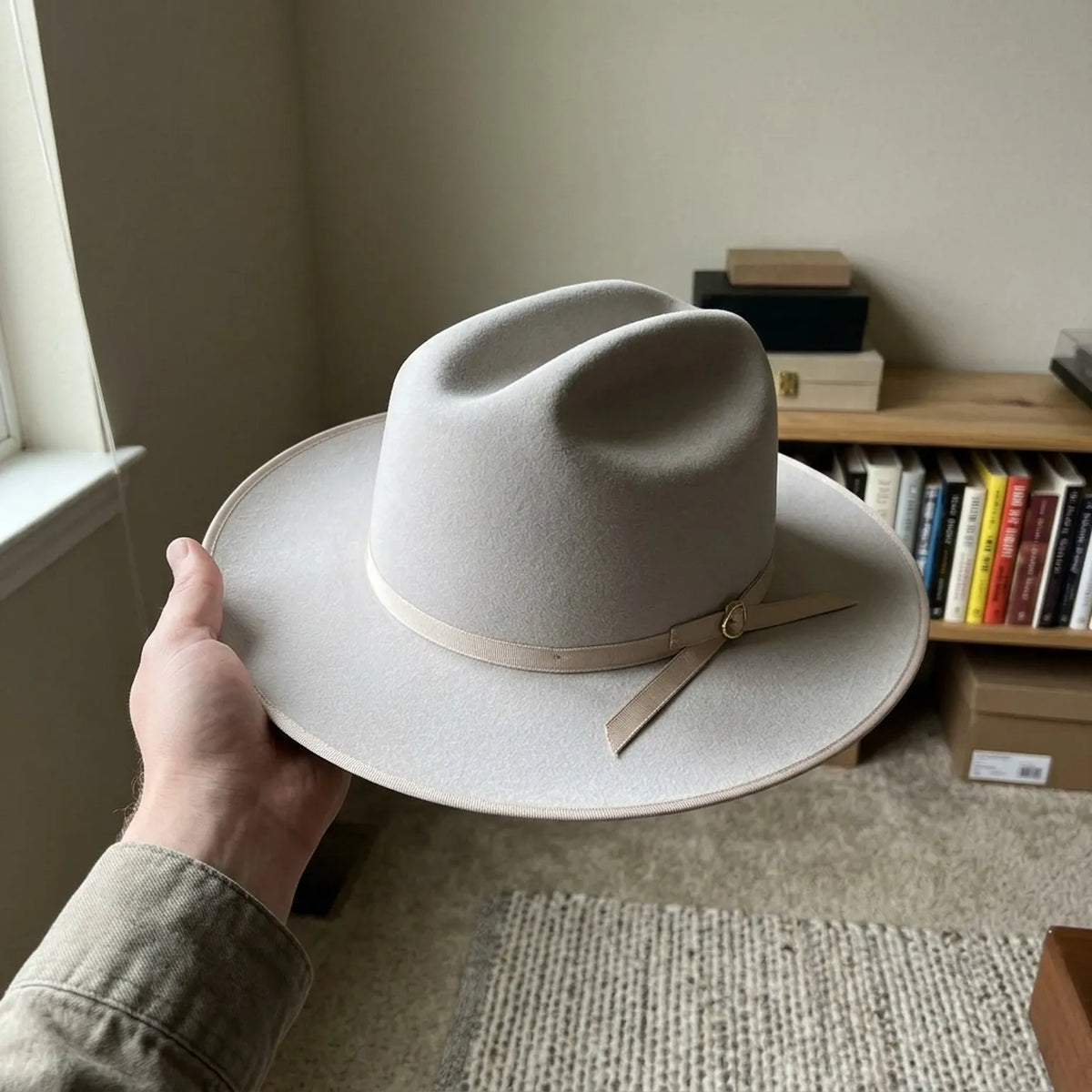 Light Grey Felt Fedora Hat with Grosgrain Ribbon Bow Trim