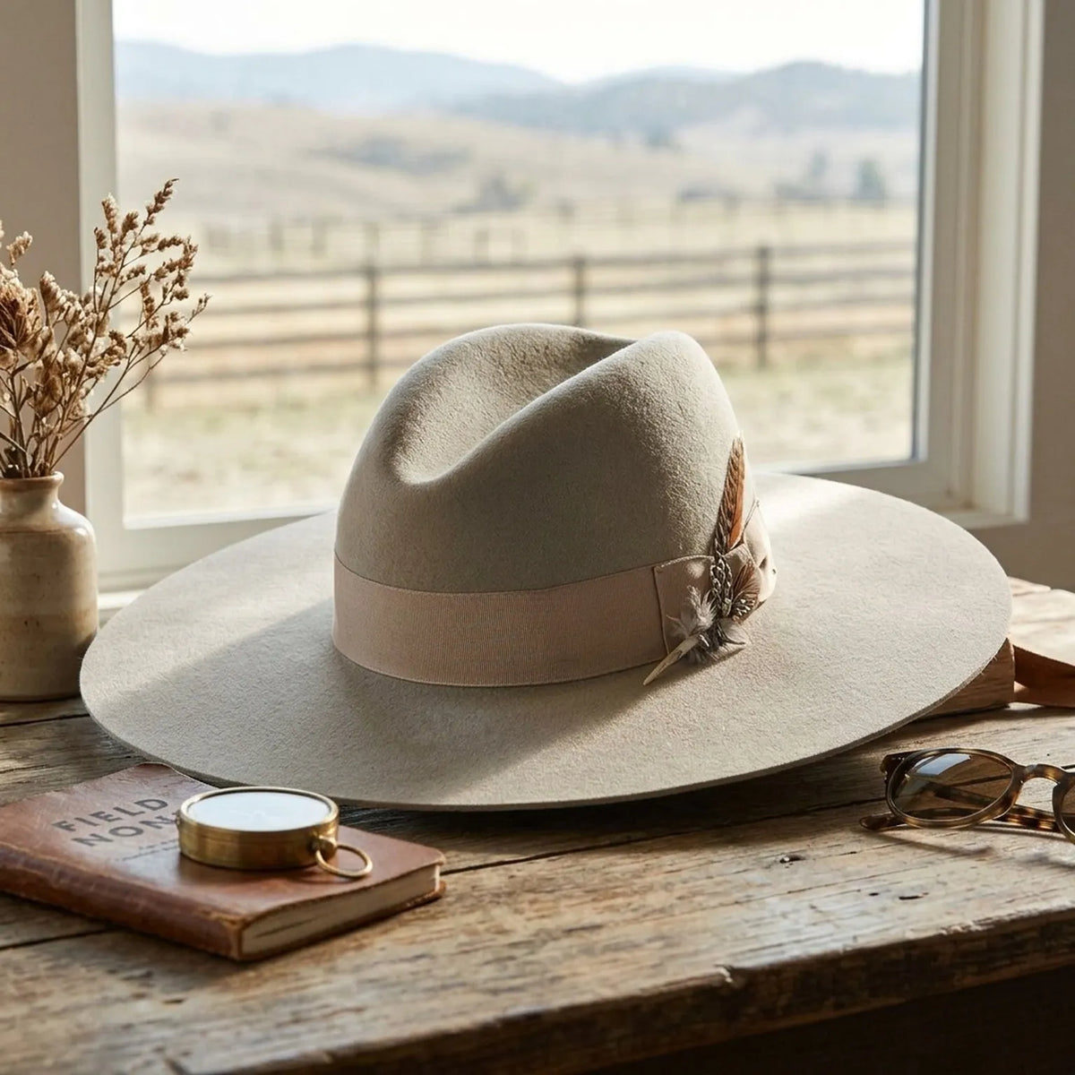 Light Gray Wool Felt Floppy Hat with Grosgrain Band and Feather