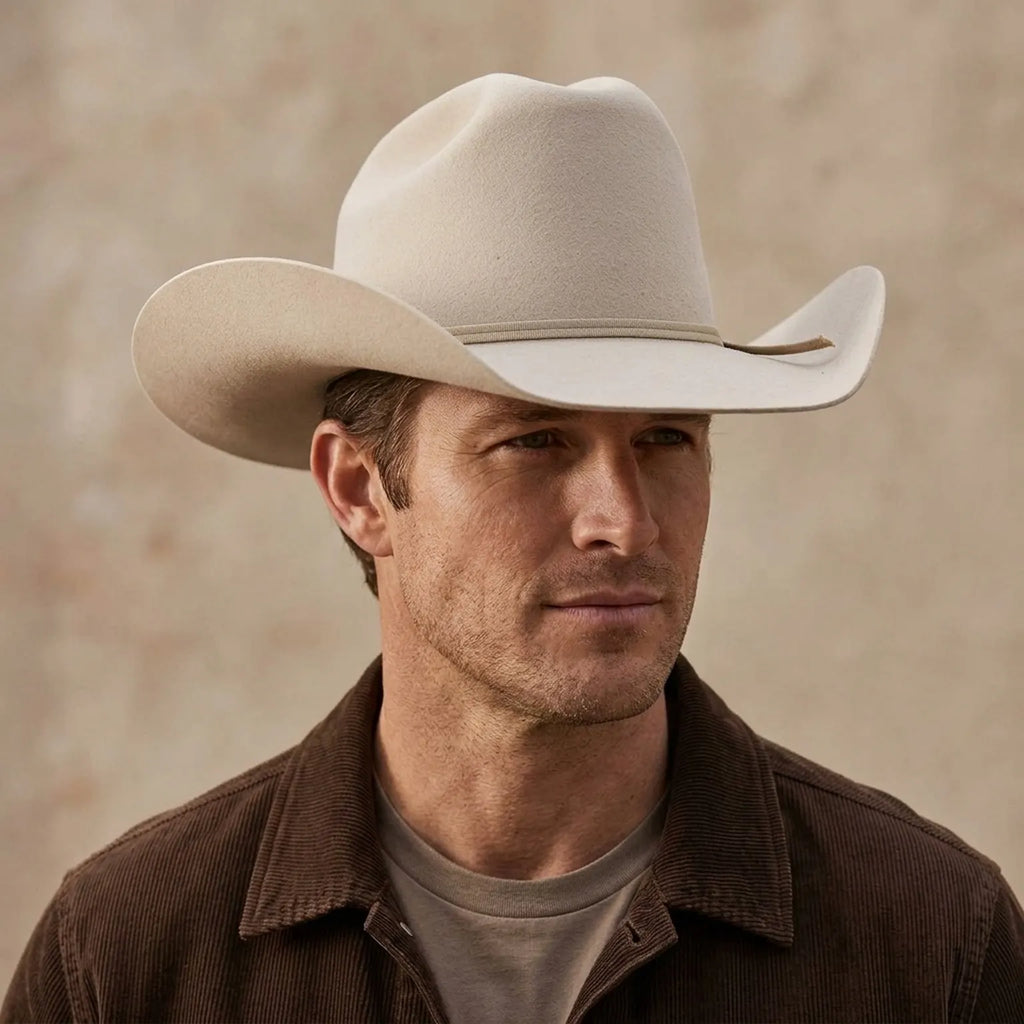 Unisex Cream Wool Felt Cowboy Hat with Ribbon Bow Detail