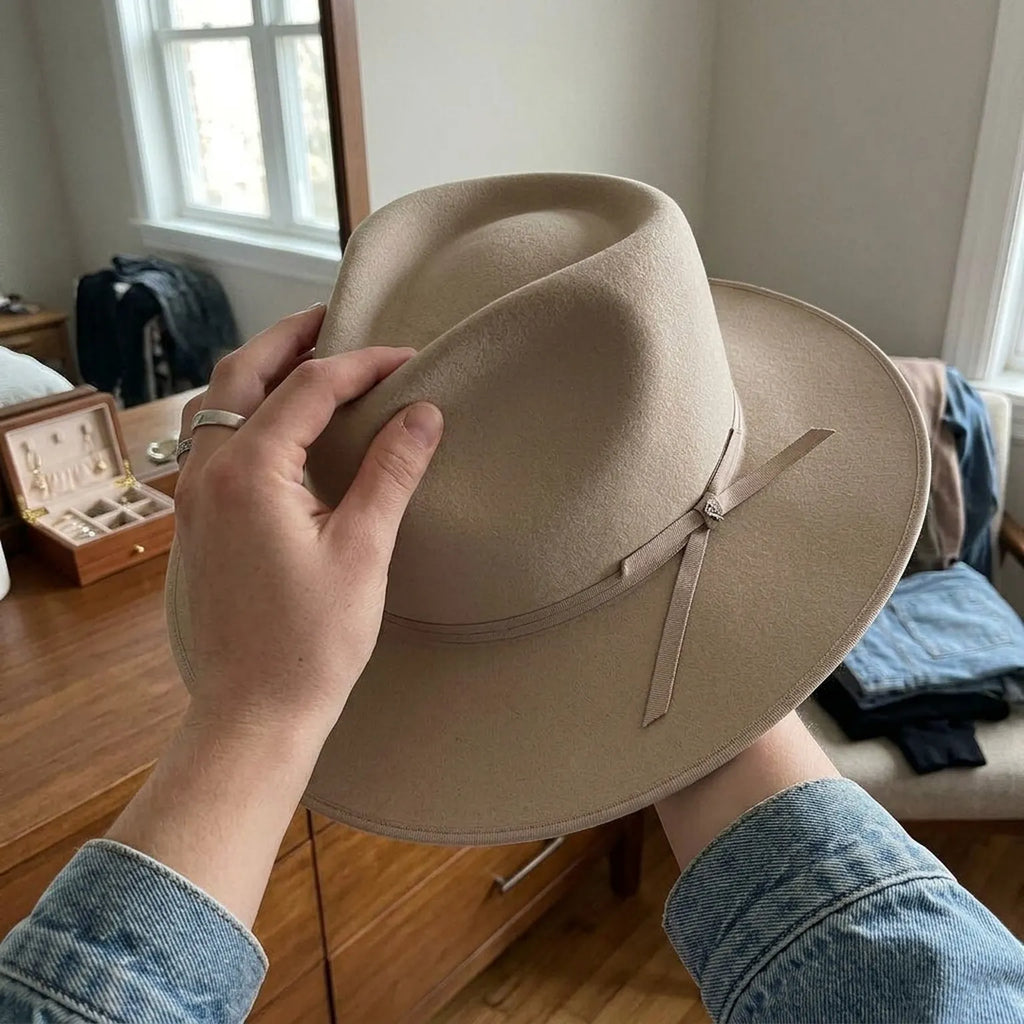 Cream Wool Felt Fedora Hat with Matching Grosgrain Band