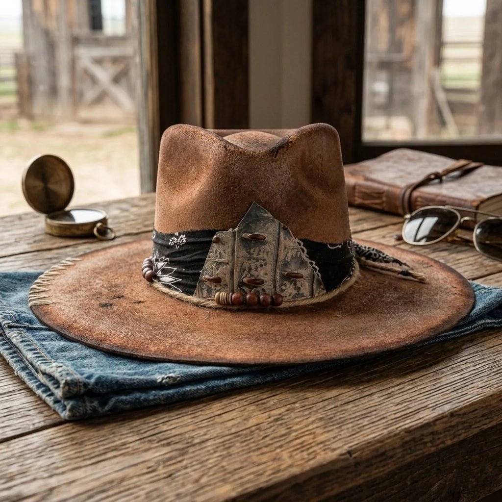 Distressed Brown Leather Western Hat Carved Tribal Pendant