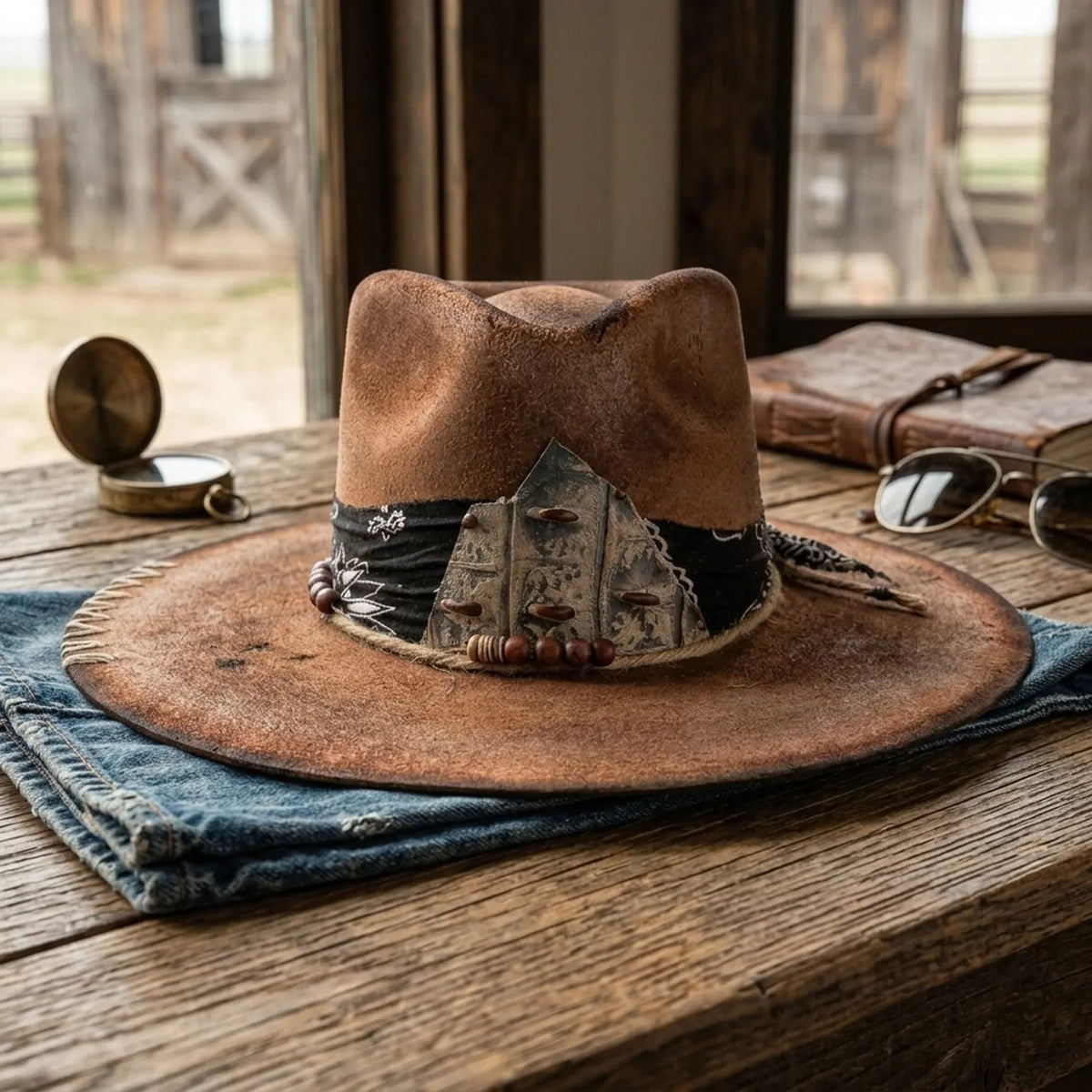 Distressed Brown Leather Western Hat Carved Tribal Pendant