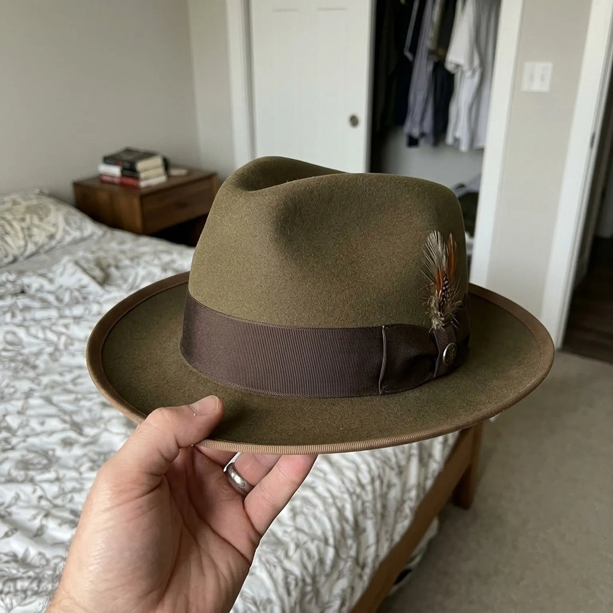 Olive Green Fedora With Dark Band and Feather Accent