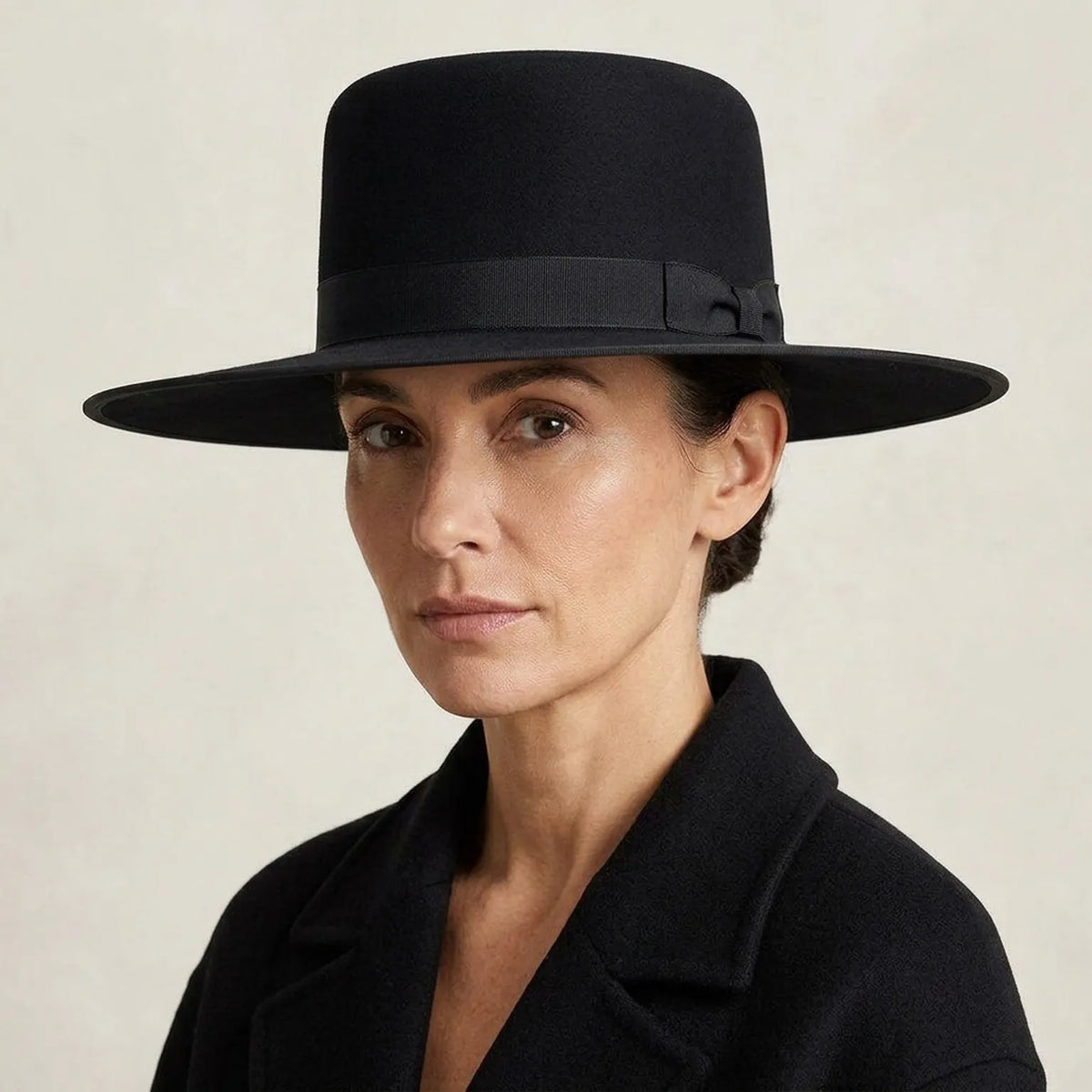 Black Wool Felt Boater Hat with Flat Crown and Grosgrain Band