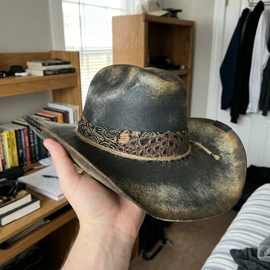 Aged Black Cowboy Hat with Patterned Band and Side Stitching