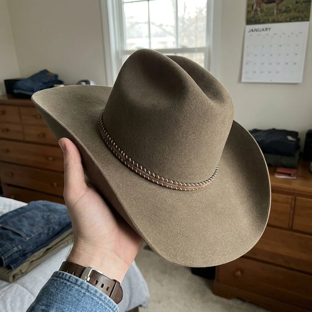 Unisex Tan Wool Felt Cowboy Hat with Braided Band