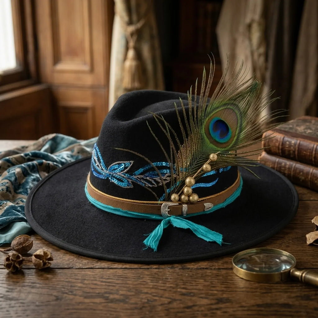 Black Felt Fedora with Blue Sequin Leaves and Peacock Feather