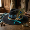 Black Felt Fedora with Blue Sequin Leaves and Peacock Feather