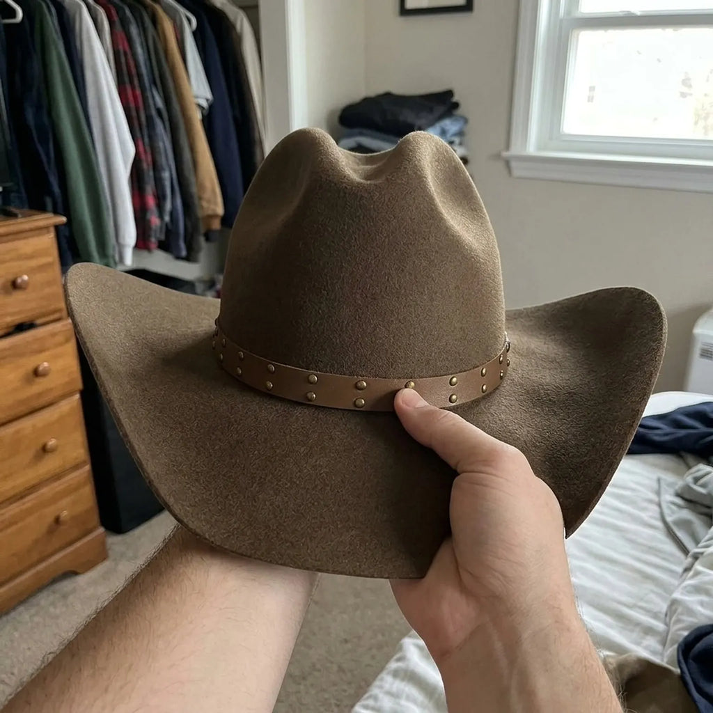 Unisex Brown Wool Felt Cowboy Hat with Studded Leather Band