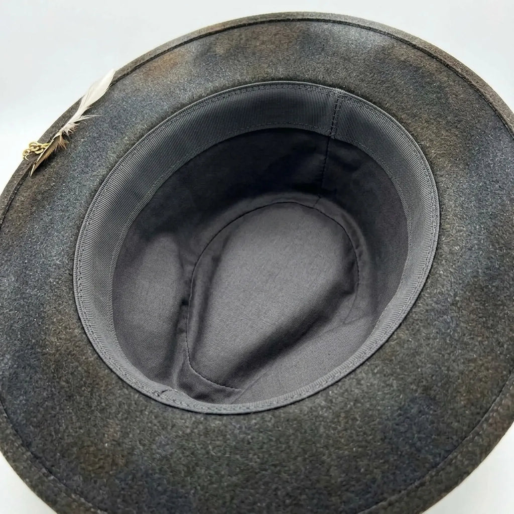 Charcoal Fedora with Gold Chain Zebra Print Band and Feathers