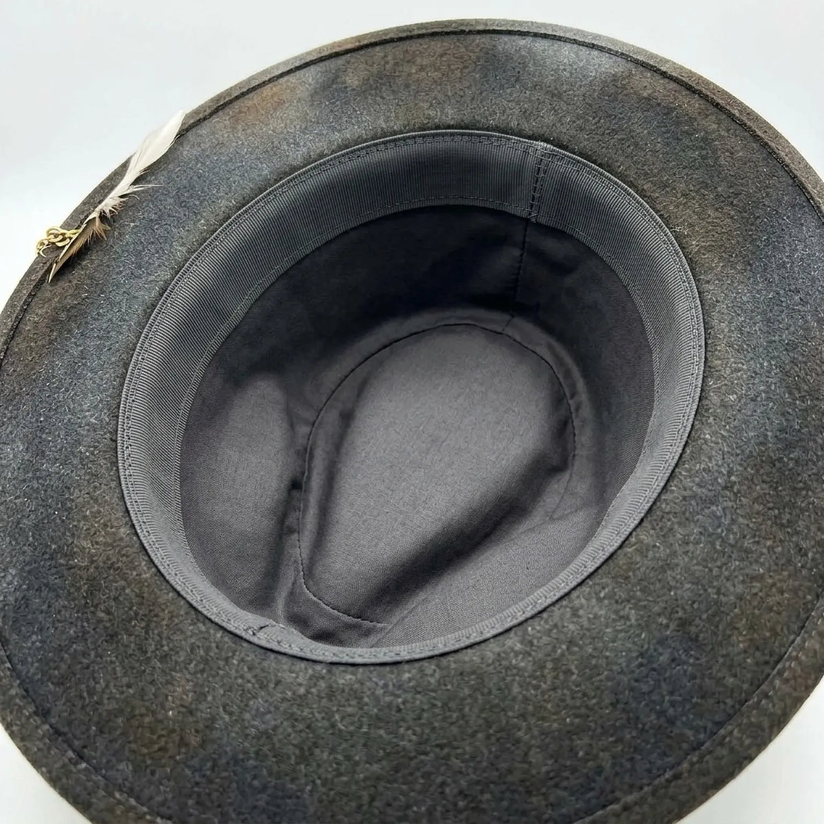 Charcoal Fedora with Gold Chain Zebra Print Band and Feathers