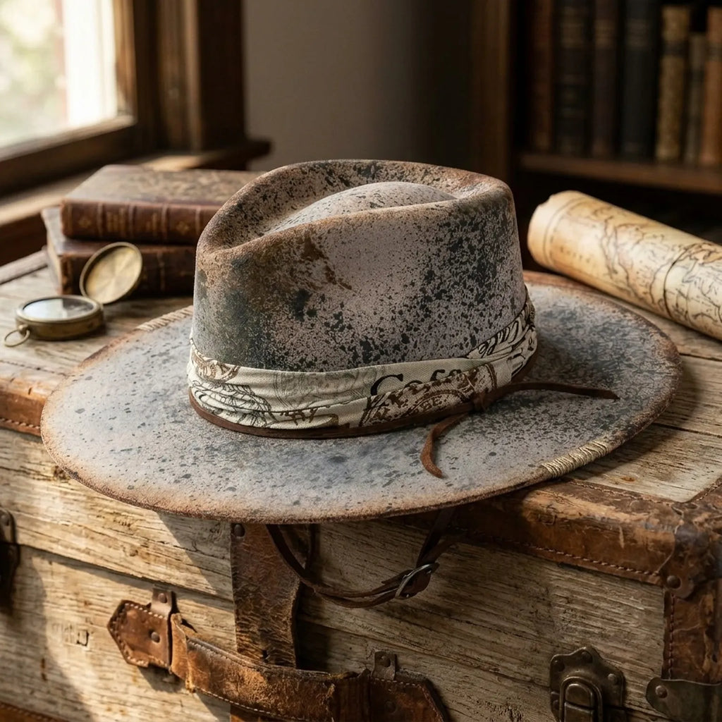 Distressed Gray Fedora with Map Band and Leather Chin Strap