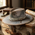 Distressed Gray Fedora with Map Band and Leather Chin Strap