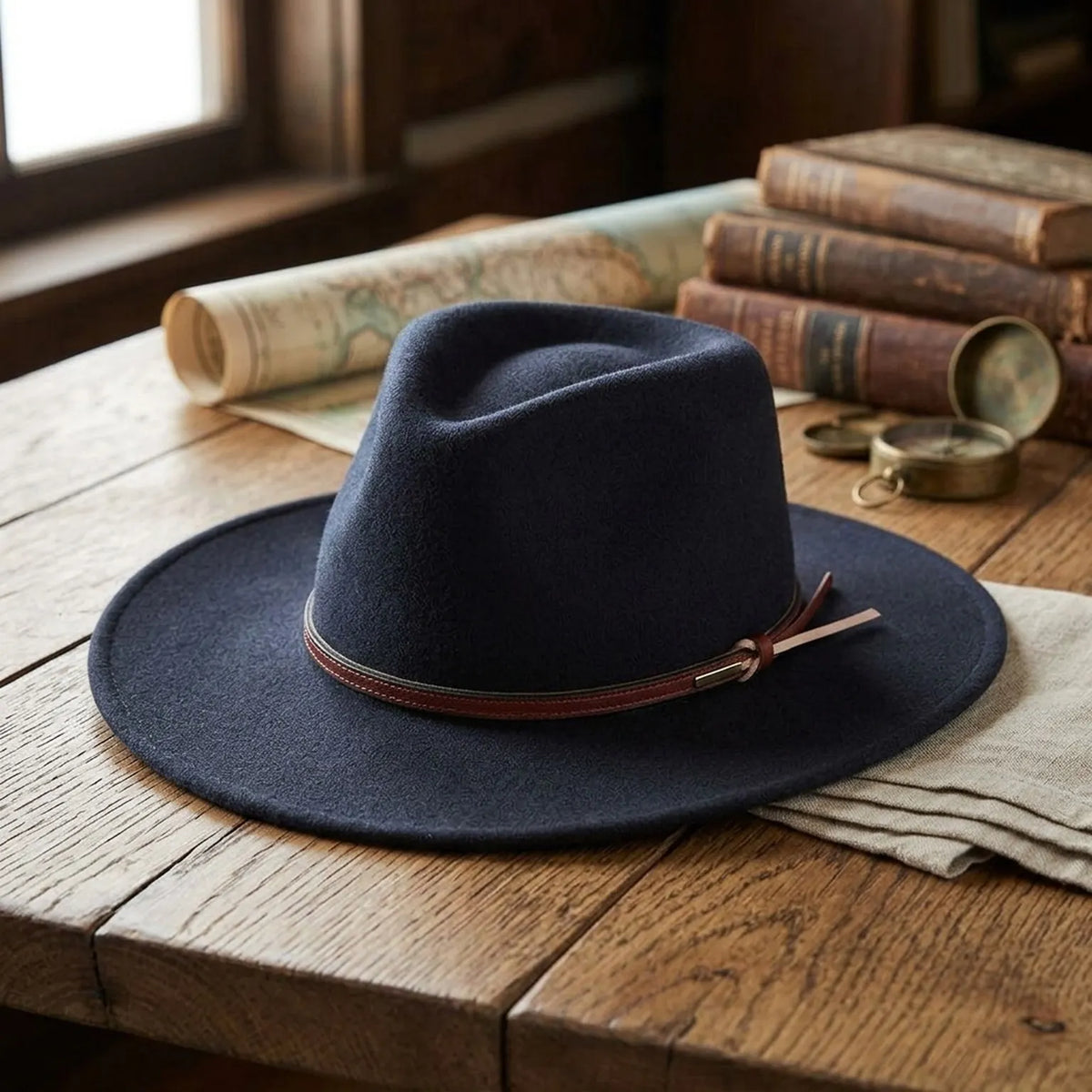 Navy Felt Fedora Hat with Brown Leather Band - Classic Style